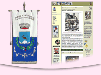 A sinistra immagine del gonfalone del Comune di Valsavarenche, a destra home page del sito ufficiale.