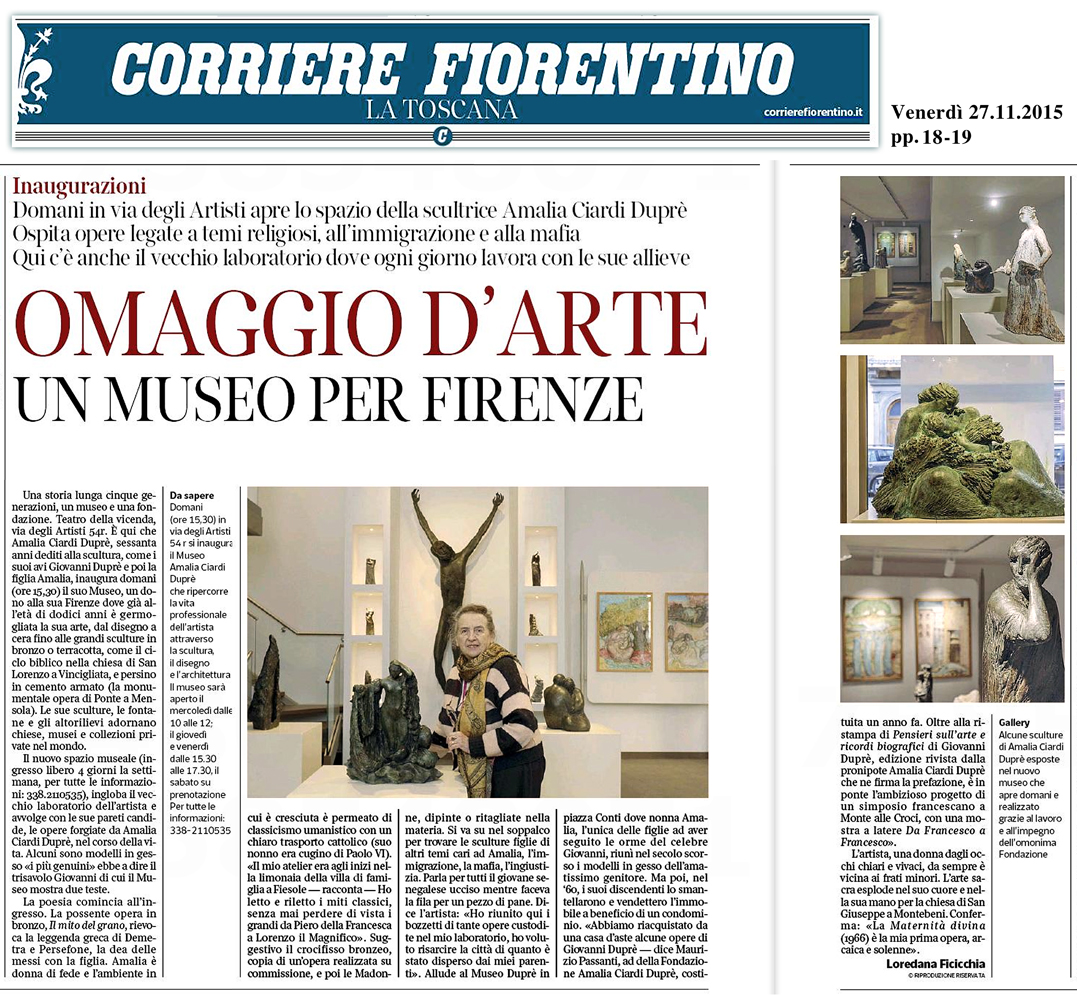 Articolo che ha per argomento i nuovo museo della Fondazione Amalia Ciardi Dupr e anche la ristampa del libro Pensieri sull'Arte e Ricordi autobiografici di Giovanni Dupr