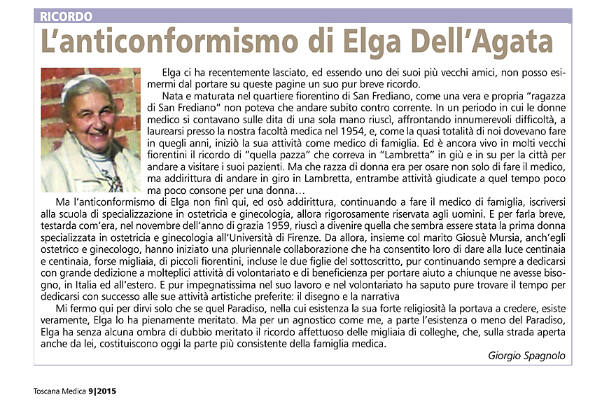 Articolo su Toscana Medica con Ricordo di Elga dell'Agata scritto da Giorgio Spagnolo