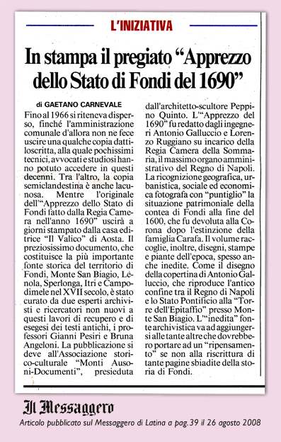 articolo sul libro L'Apprezzo dello stato di Fondi