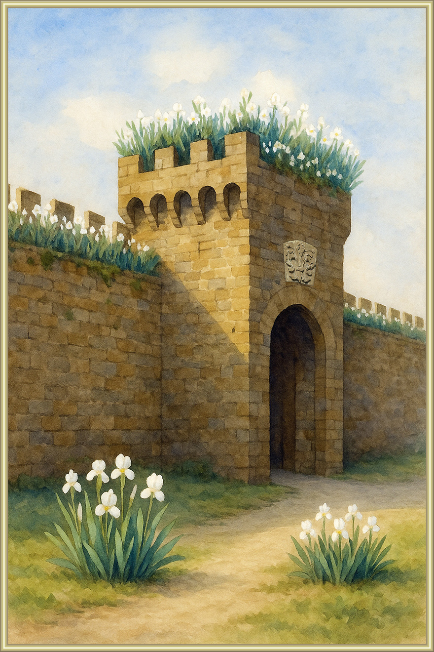 scorcio delle antiche mura di Firenze con le iris che si vedono fiorite e coltivate sull'antica strada di ronda
