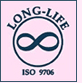 Logo con la scritta Long-life e Iso 9706 e il simbolo dell'infinito inserito in un cerchio