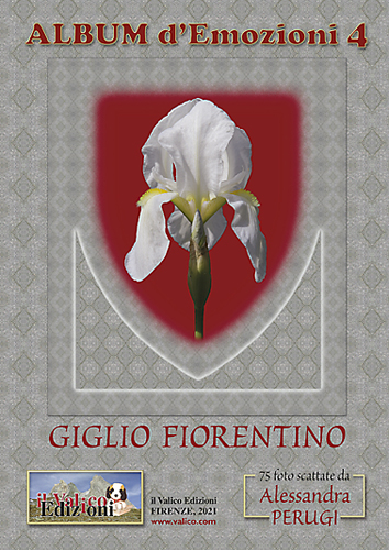 Copertina dell'Album con il fiore bianchissimo dell'Iris florentina L. inserito nello scudo araldico a fondo rosso