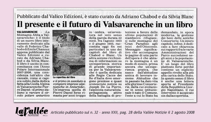 articolo sul libro La Montagna abita a Valsavarenche, con foto della copertina