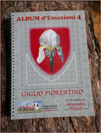 Nella foto si vede l'Album rilegato a spirale con in copertina il bianco fiore dell'Iris florentina incastonato nello scudo araldico di colore rosso