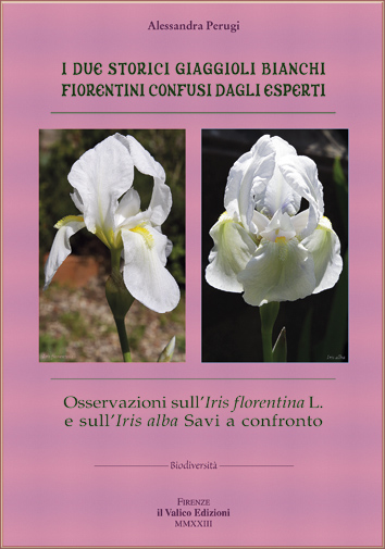 Copertina dell'opuscolo con le foto dei due fiori bianchi delle due diverse specie Iris florentina e Iris alba