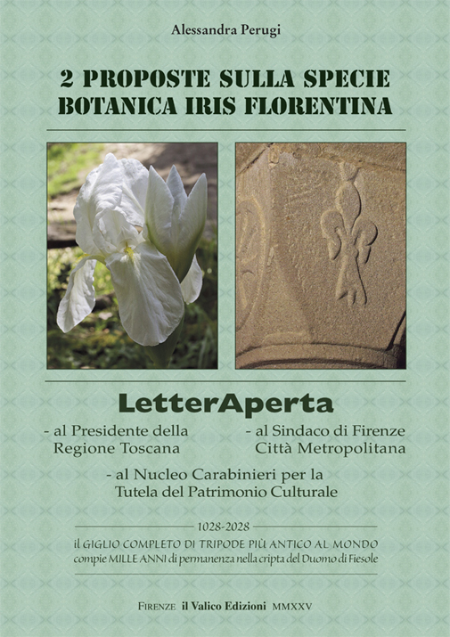 In copertina, a sinistra: l'Iris florentina L. in una rara immagine in cui i 2 classici fiori apicali appaiono
l'uno completamente fiorito e l'altro ancora in sboccio. A destra: capitello della cripta del Duomo di Fiesole
con in bassorilievo il Giglio pi� antico al mondo completo di Tripode, con l'Iris completamente
sbocciata nella parte superiore e l'Iris in sboccio contrapposta nel Tripode.